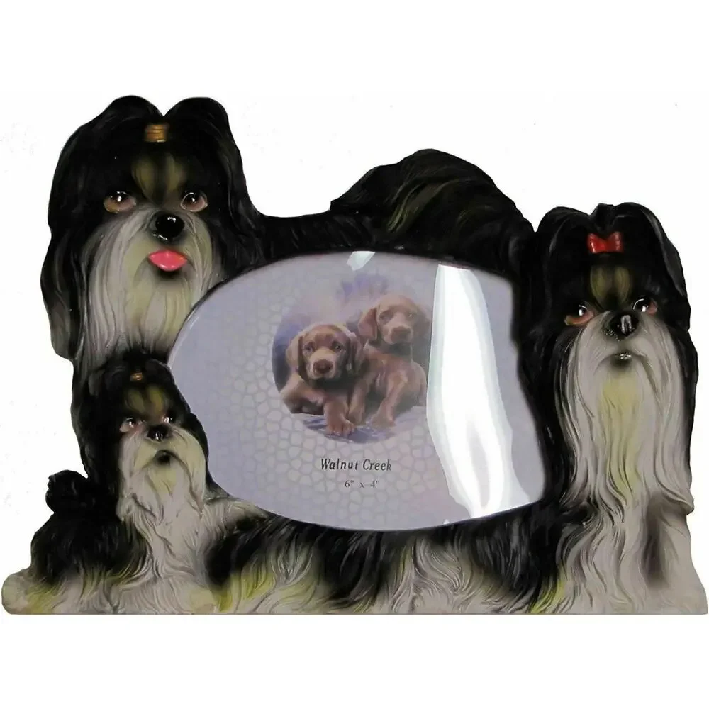 Walnut Creek 3D Shih Tzu Dog Family Picture Frame Black White Hand Painted 4x6